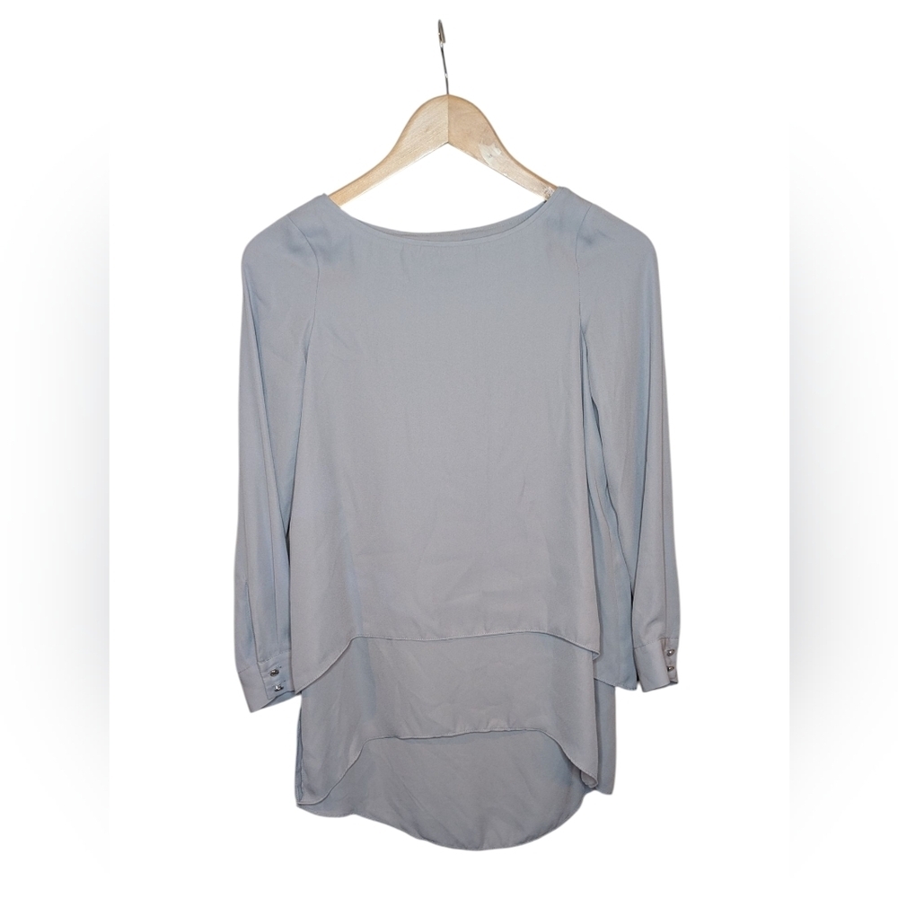 White House Black Market Top Petites 00P Gray Long Sleeve Split Back Hi-Lo Hem